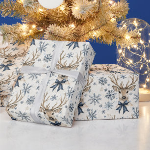 Papel De Regalo Ciervos Lazos Azules Navidad Copos de Nieve