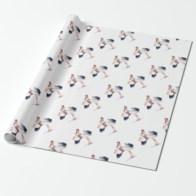 Papel De Regalo Cigüeña aviadora con mellizos (Desenrollado)