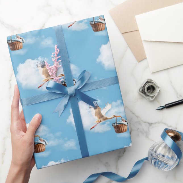 Papel De Regalo Cigüeña Con Niño En La Cesta (Regalar)