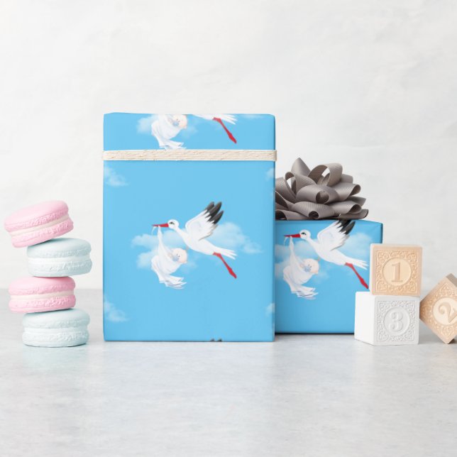 Papel De Regalo Cigüeña y niño bebé en nubes (Baby Shower)