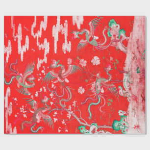 Papel De Regalo Cinco Fénix en Jardín Chino Floral Rojo 