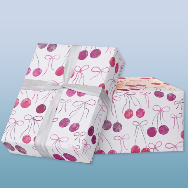 Papel De Regalo Cinta de cerezas y patrón de acuarela de arcos (Cherries, ribbons and bows gift wrapping paper roll
)
