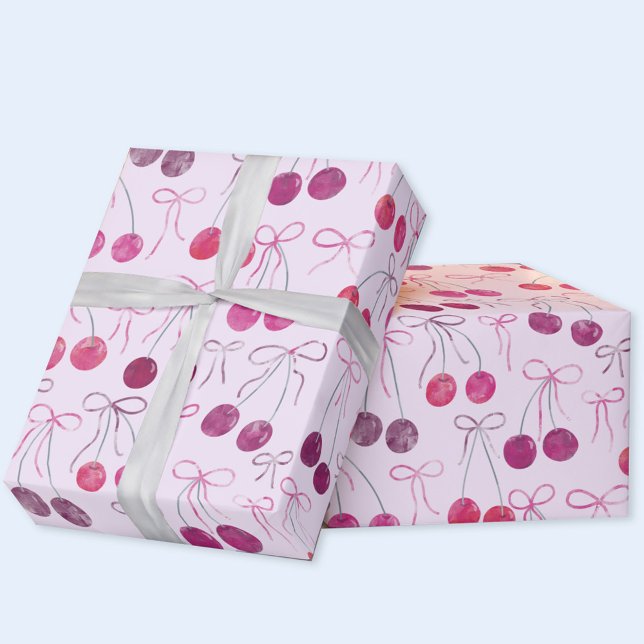 Papel De Regalo Cinta de cerezas y patrón de acuarela de arcos (Cherries, ribbons and bows gift wrapping paper roll)