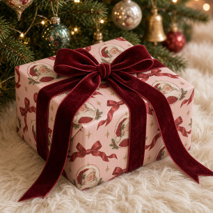Papel De Regalo Cinta de lazo de medallón de Santa Claus rosa vint