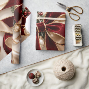 Papel De Regalo Cinta de Navidad de lujo borgoña dorada