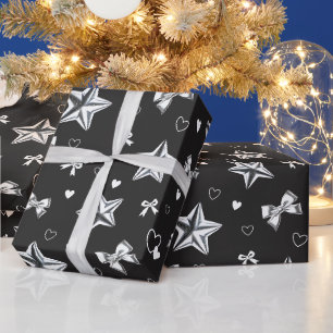 Papel De Regalo Cinta Estrella Metálica Corazón Negro Patrón Y2K