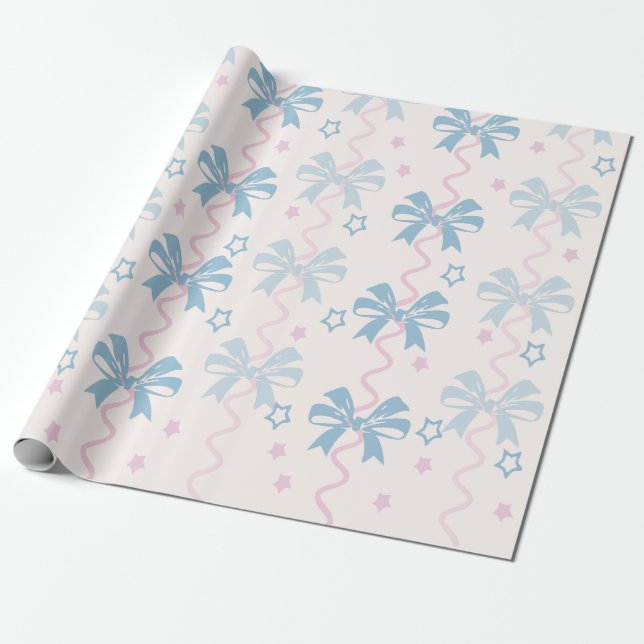 Papel De Regalo Cinta rosa y lazo azul (Desenrollado)
