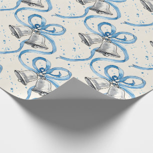 Papel De Regalo Cintas Azules y Campanas de Plata Crema