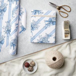 Papel De Regalo Cintas Azules y Lazos Toile Coquette Patrón