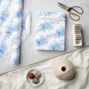 Papel De Regalo Cintas Azules y Lazos Toile Coquette Patrón
