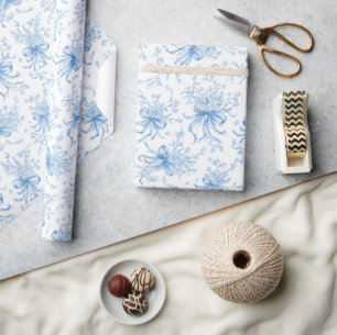 Papel De Regalo Cintas Azules y Lazos Toile Coquette Patrón