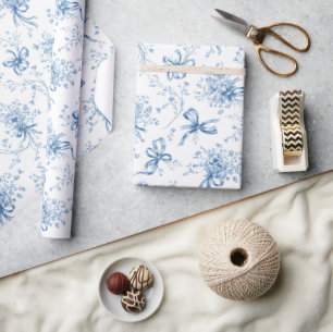 Papel De Regalo Cintas Azules y Lazos Toile Coquette Patrón