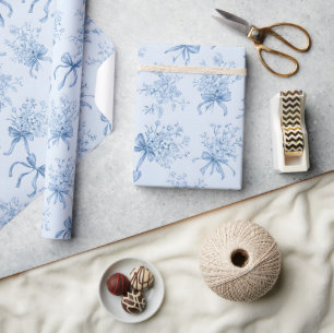 Papel De Regalo Cintas Azules y Lazos Toile Coquette Patrón