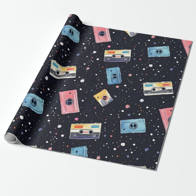 Papel De Regalo Cintas de cassette retro en espacio cósmico (Desenrollado)