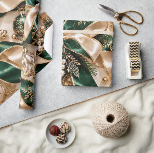 Papel De Regalo Cintas de Navidad de Esmeralda y Oro de Lujo