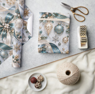 Papel De Regalo Cintas de Navidad elegantes en verde azulado y dor