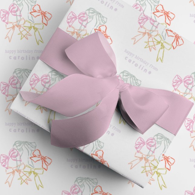 Papel De Regalo Cintas y arcos personalizados Cumpleaños (Ribbons and Bows watercolor bright colorful personalized Happy Birthday wrapping paper.)