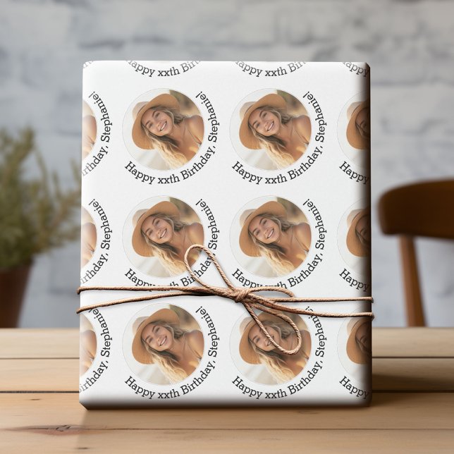 Papel De Regalo Circle One Photo con el saludo de cumpleaños - Bla (Custom Birthday Wrapping Paper with Photo)