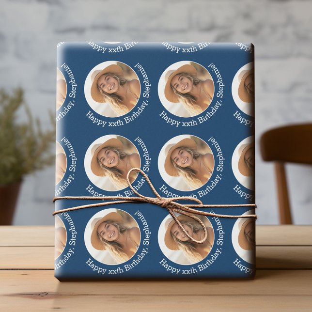 Papel De Regalo Circle One Photo con el saludo de cumpleaños - Mar (Custom Birthday Wrapping Paper with Photo)