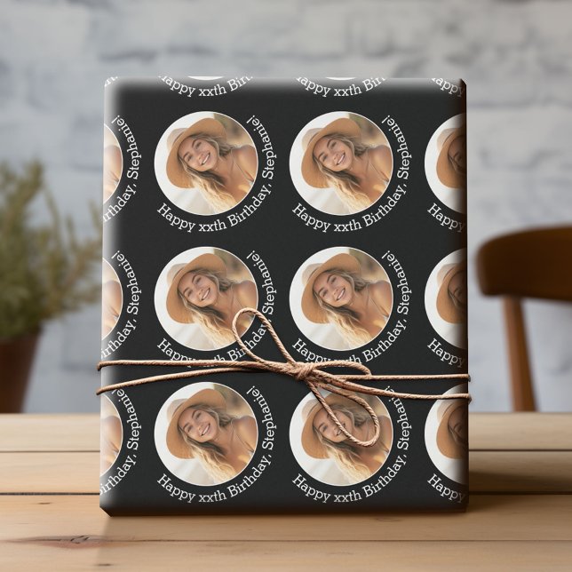 Papel De Regalo Circle One Photo con el saludo de cumpleaños - Neg (Custom Birthday Wrapping Paper with Photo)