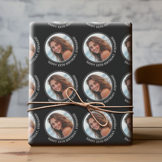 Papel De Regalo Circle One Photo con el saludo de cumpleaños - Neg (Custom Birthday Wrapping Paper with Photo)