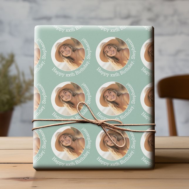 Papel De Regalo Circle One Photo with Birthday Greeting - Mint (Custom Birthday Wrapping Paper with Photo)
