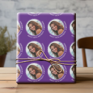 Papel De Regalo Circle One Photo with Birthday Greeting - Purple