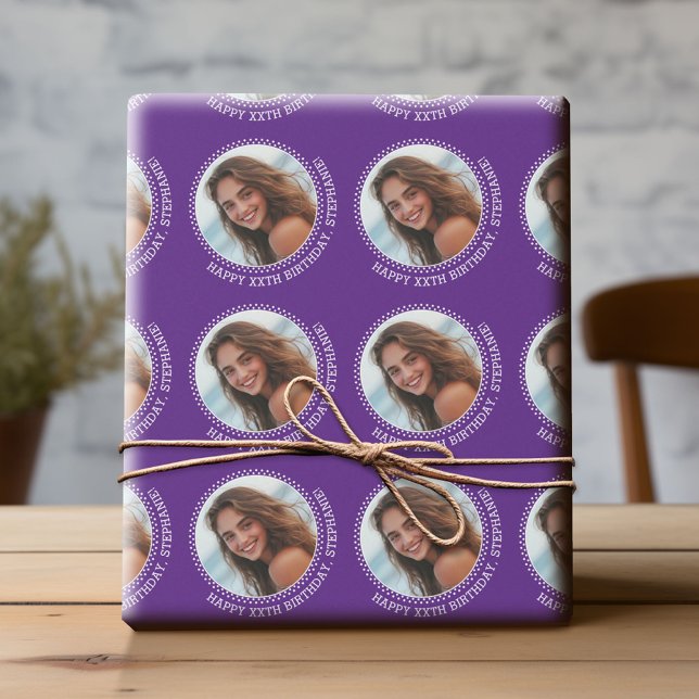 Papel De Regalo Circle One Photo with Birthday Greeting - Purple (Custom Birthday Wrapping Paper with Photo)