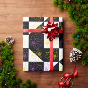 Papel De Regalo Ciruela y flor amarilla Cuadro de ajedrez negro