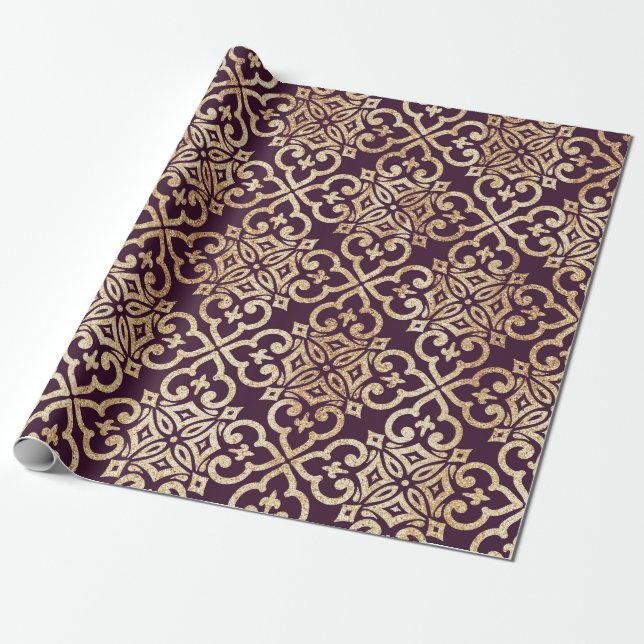 Papel De Regalo Ciruelo del Victorian y purpurina del oro (Desenrollado)
