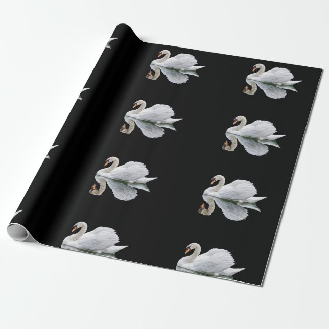 Papel De Regalo cisne blanco sobre fondo negro  (Desenrollado)