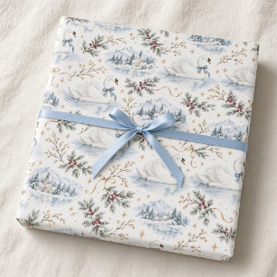 Papel De Regalo Cisne de lazo azul invierno mágico