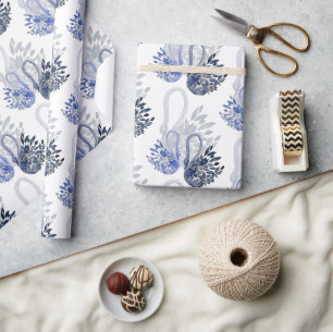 Papel De Regalo Cisne elegante y hermoso en acuarela azul añil