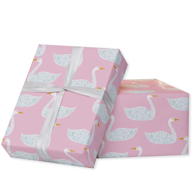 Papel De Regalo Cisnes Bonitos Rosa y Blanco (Pink swan pattern gift wrap paper roll)