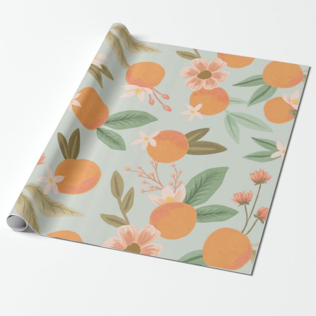 Papel De Regalo Citrus Tropical Floral Mint Green (Desenrollado)