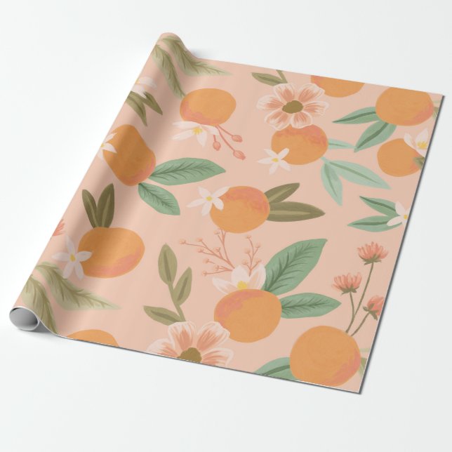 Papel De Regalo Citrus tropical rosa floral (Desenrollado)