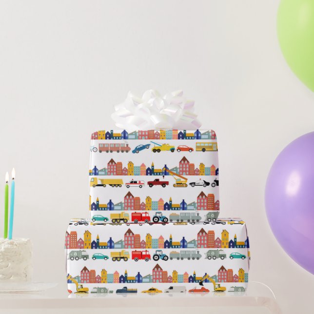 Papel De Regalo City Transportation Vehicles Trucks Cars Kids (Regalos de fiesta)