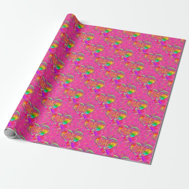 Papel De Regalo CKC-Peace, Love and Popsicle's, Pink-Gift Wrap (Desenrollado)