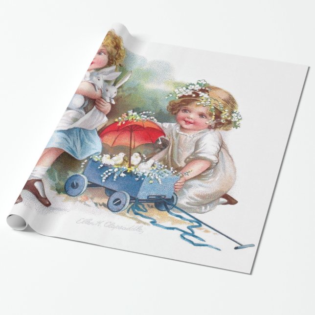 Papel De Regalo Clapsaddle: Chicas que juegan con los conejitos (Desenrollado)