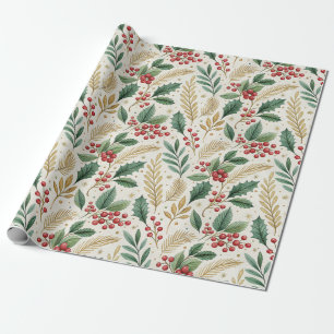 Papel De Regalo Clásico alegre y brillante acebo rojo verde y dora
