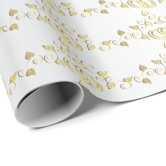 Papel De Regalo Clásico Boda De Oro Anillo En Satinado Blanco (Esquina del rollo)