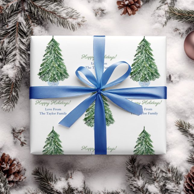 Papel De Regalo Clásico Chinoiserie de Navidad Felices Fiestas (Simple green watercolor Christmas tree in blue and white ginger jar planter with personalized text)