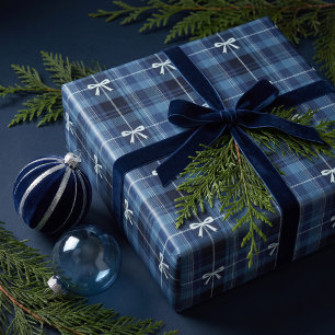 Papel De Regalo Clásico Cuadro Escocés Azul Marino con Lazo Chic d