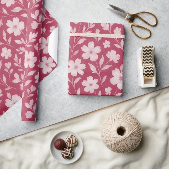 Papel De Regalo Clásico Deja El Patrón De Arte Floral En Rosa Oscu (Artesanía)