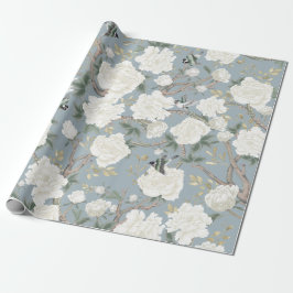 Papel De Regalo Clásico Dusty Blue White Chinoiserie Flores Aves