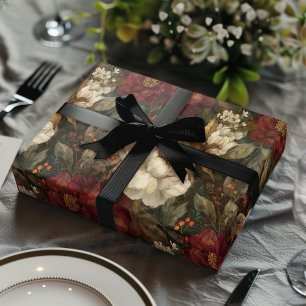 Papel De Regalo Clásico floral de invierno rojo y crema de Navidad