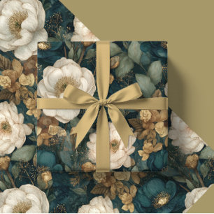 Papel De Regalo Clásico floral navideño invernal verde y blanco