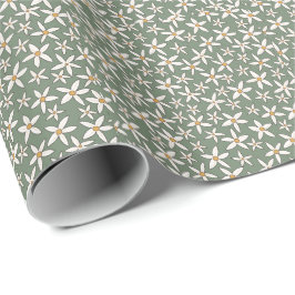 Papel De Regalo Clásico Mano Blanca Verde Sage Dibuja Patrón De Fl