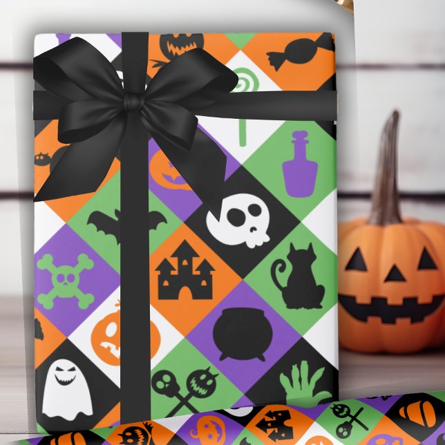 Papel De Regalo Clásico Naranja, Verde Y Morado Tema De Halloween (Classic Orange, Green And Purple Halloween Themed Wrapping Paper)
