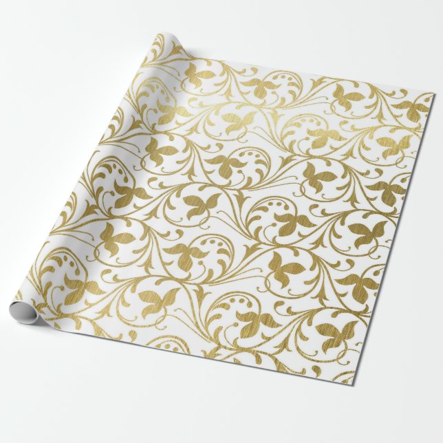 Papel De Regalo Clásico patrón floral damasco dorado envoltura de  (Desenrollado)